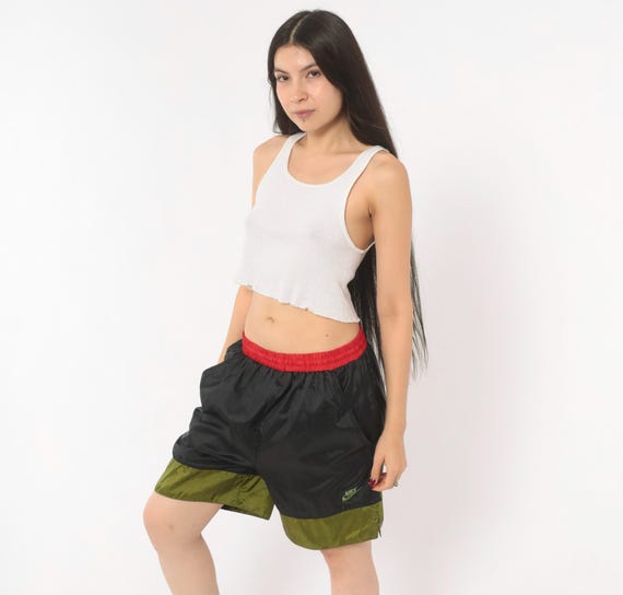 90s Nike Windbreaker Shorts Black Olive Red Color Block Elastic Waist Athletic Swim Trunks Embroidered Swoosh Logo Vintage Medium M