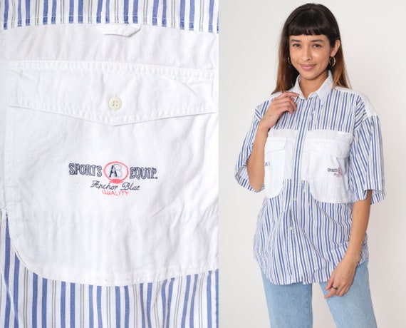 90s Striped Cargo Shirt White Blue Utility Button Up Shirt Short Sleeve Top Retro Anchor Blue Chest Pocket Vintage 1990s Cotton Men's Medium
