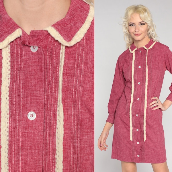 1960s Mod Dress TUXEDO Lace Dress Burgundy Mod Mini Shift 60s Shirtdress Vintage Twiggy Dolly Button Up Dolly Collar Small