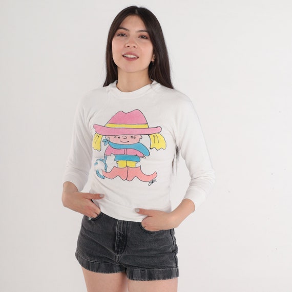 Cowgirl Sweatshirt 90s Western Sweatshirt Cute Cartoon Girl Graphic Shirt Crewneck Sweater Rodeo Raglan Sleeve Vintage 1990s Jerzees 2xs xxs