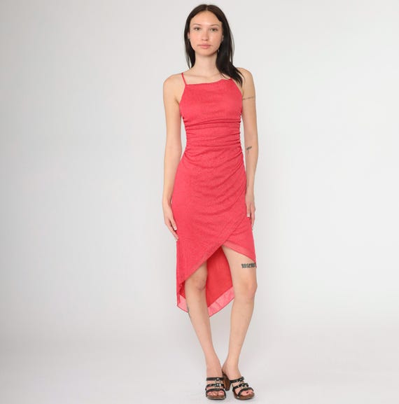 Vintage Y2K Coral Asymmetrical Dress Going Out Party Handkerchief Hem Midi Glitter Dot Spaghetti Strap Ruched Side 90s Square Neck Small