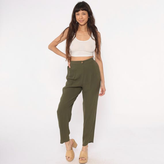 Olive Green Pants 90s High Waisted Pleated Front Tapered Trousers Vintage Minimalist Work Office Cigarette Dark Academia Neutral Small S