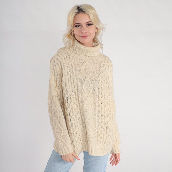 Cream Turtleneck Sweater 90s Cable Knit Pullover … - image 4