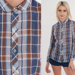 70s Plaid Blouse Blue Button Up Checkered Print Shirt Preppy Collared 1970s Top Long Sleeve Vintage White Brown Thin Small S