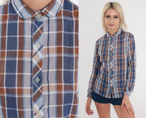70s Plaid Blouse Blue Button Up Checkered Print Shirt Preppy Collared 1970s Top Long Sleeve Vintage White Brown Thin Small S