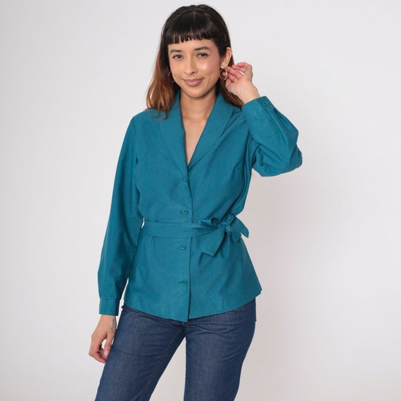 70s Jacket Teal Blue Belted Jacket Retro Plain Ribbed Button Up Long Sleeve Jacket Shawl Collar Vintage 1970s Retro Short Jacket Medium