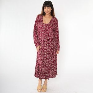 Vintage Long Floral Dress 90s Burgundy Button Up Maxi Day Dress Long Sleeve Flower Print Square Neck Ankle Length 1990s Extra Large xl