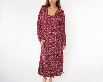 Vintage Langes Blumen Kleid 90er Jahre Bordeaux Maxi Kleid mit Knöpfen Blumen Print Quadratischer Ausschnitt Knöchel Länge 1990s Extra Large XL