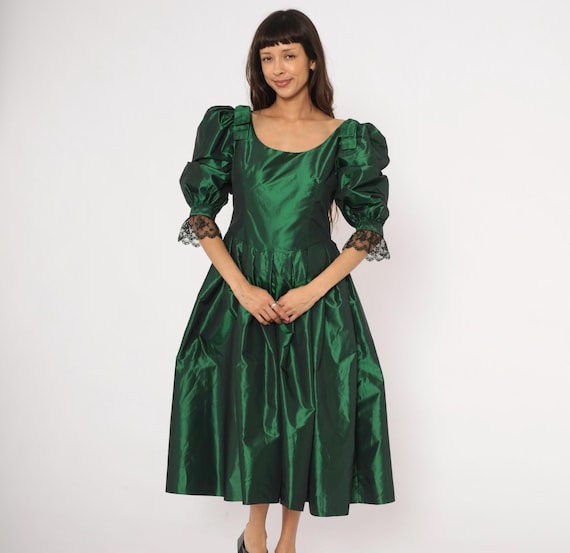 60s Emerald Taffeta Gown Puff Sleeve Dress Forest Green Bow Shoulder Lace Cuff Pleated Button Back Victorian Party Gothic Vintage Large L