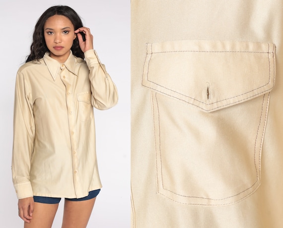 70s Shirt Champagne Dagger Collar Shirt Button Up Shirt Long Sleeve Top Disco Shirt 1970s Collared Plain Blouse Oxford Men's Medium