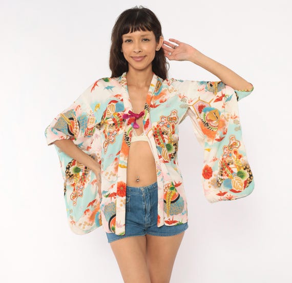 70s Japanese Kimono Jacket Origami Crane Open Front Tie Closure Floral Bird Cloud Colorful Multicolor Sky Blue Red Gold Wrap Top Small S