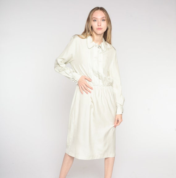 Vintage Off White Silk Dress 80s Midi Dress Collared Button up Shirtwaist Dress High Waist Long Sleeve Secretary Chic 1980s Medium Large