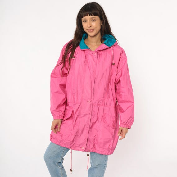 90s Pink Windbreaker Jacket Hooded Teal Lining Sporty Coat Drawstring Waist Hem Elastic Cuffs Pockets Athletic Outdoors Vintage Large L