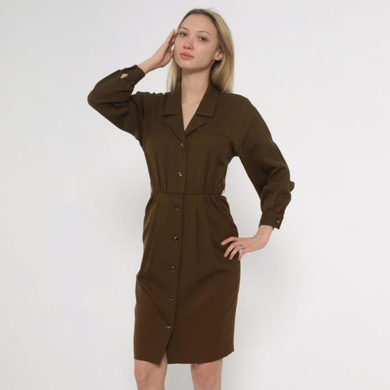 Wool Shirt Dress 80s Olive Brown Collared Knee Length Elastic Waist Chest Pockets Corporate Uniform Work Professional Vintage Extra Small XS