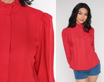 Red Blouse 80s Ruffle Neck Top Retro Long Puff Sleeve Secretary Blouse High Collar Pleated Preppy Professional Shirt Vintage 1980s Medium
