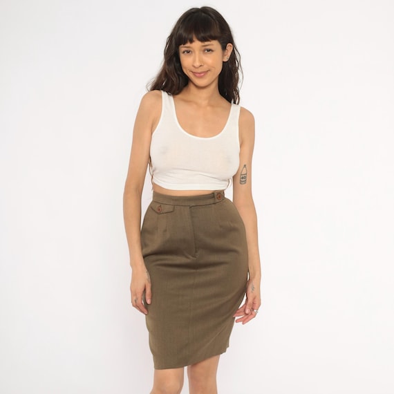 90s Wool Pencil Skirt Olive Green High Waist Waistband Pleated Barry Bricken Tan Khaki Office Professional Corporate Vintage Extra Small XS