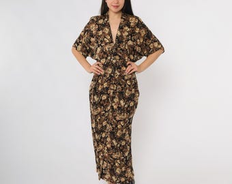 Vestido floral dos anos 90, preto, marrom, bege, estampa de rosas, manga curta, botões frontais, bolsos, rayon, longo, vintage, grunge, casual, para o dia a dia, com estampas de coelho, 8 m