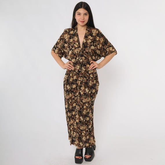 90s Floral Dress Black Brown Beige Rose Print Short Sleeve Button Front Pockets Rayon Long Vintage Grunge Casual Everyday Rabbit Designs 8 M