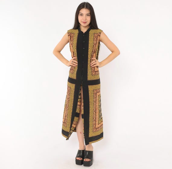 90s Ornate Tapestry Dress Mustard Gold Black Baroque Print Sleeveless Button Front Maxi Mandarin Collar Medallion Geometric Side Slit Large