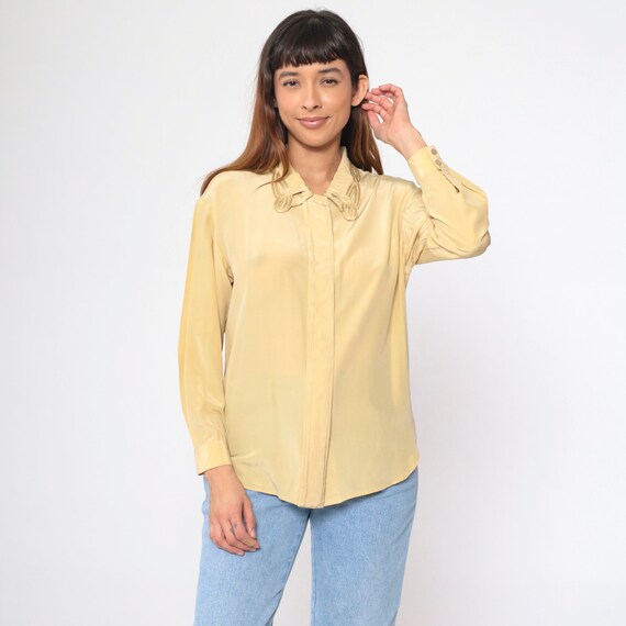 Silk Cutout Blouse 90s Muted Yellow Long Sleeve Hidden Button up Shirt Cutwork Collar Cut Out Secretary Vintage 1990s Oversized Small S