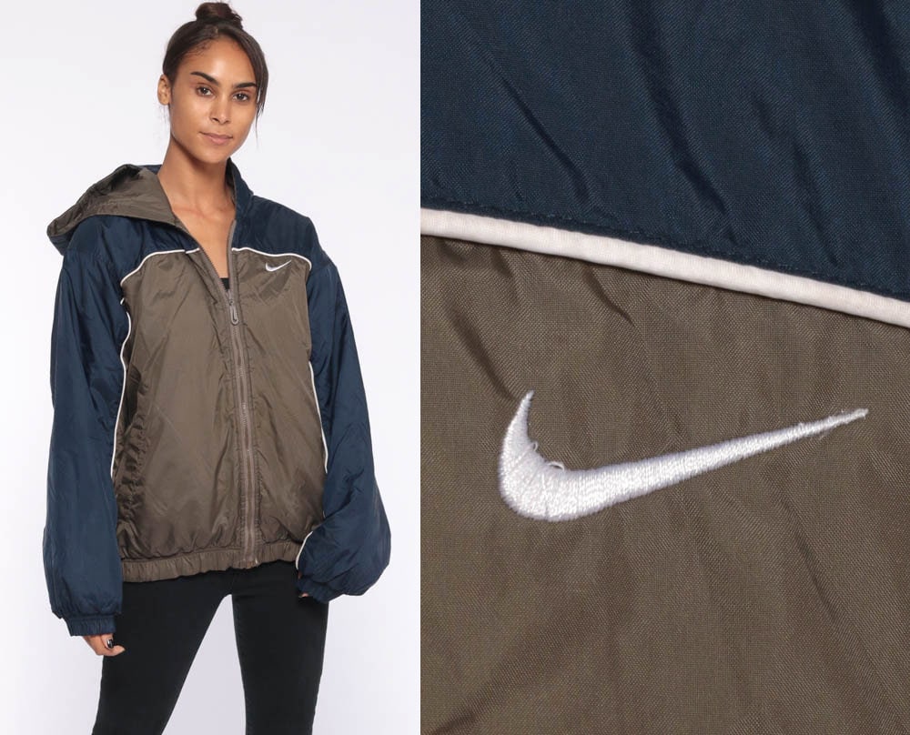 Hooded Nike Windbreaker Jacket Brown Blue Nylon Jacket 90s Hood Color Block Hooded Warm Up 