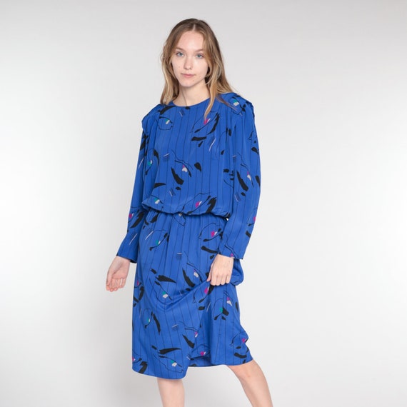 Vintage 80s Blouson Dress Blue Striped Midi Dress Abstract Print Long Sleeve Secretary Dess Retro High Waisted Slouchy 1980s Small Medium