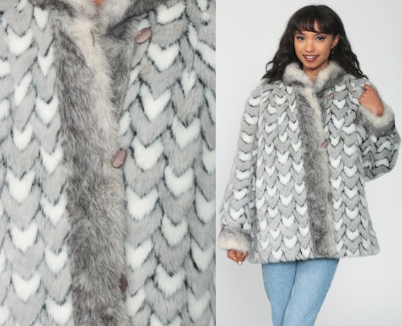 Grey Faux Fur Coat REVERSIBLE Fake Fur Jacket 80s