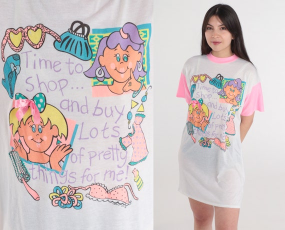 90s Pajama Dress Shopping Nightie Time To Shop Graphic Retro Tshirt Dress Nightgown 1990s Neon Hot Pink Ringer Dress Nineties Small Medium