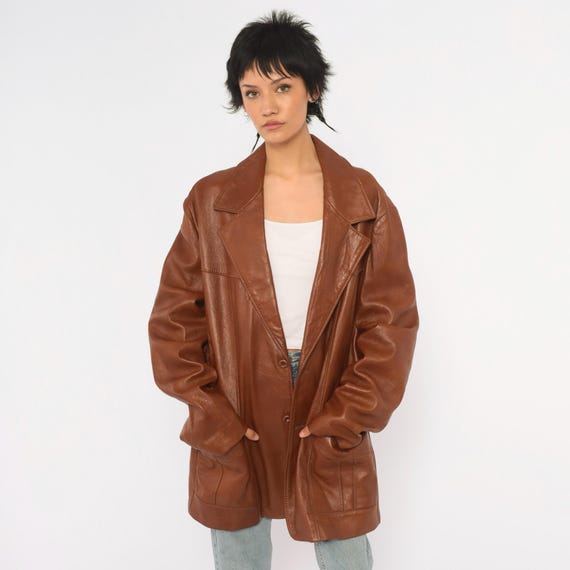 70s Leather Blazer Reed Brown Button Front Notched Lapel Jacket Boxy Coat Waist Pockets Long Sleeve Chestnut Vintage Womens Unisex Medium M