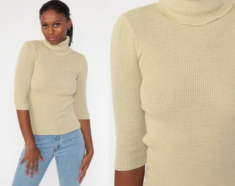 Turtleneck Sweater Top 70s Beige Knit 