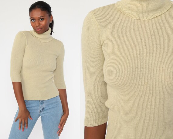 Turtleneck Sweater Top 70s Beige Knit 