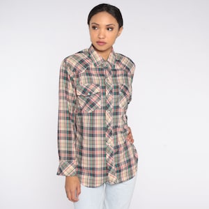 Plaid Western Shirt 80s Pearl Snap Shirt Button Up Rodeo Shirt Checkered Retro Cowboy Long Sleeve Collared Vintage 1980s Mad Man Mens Medium