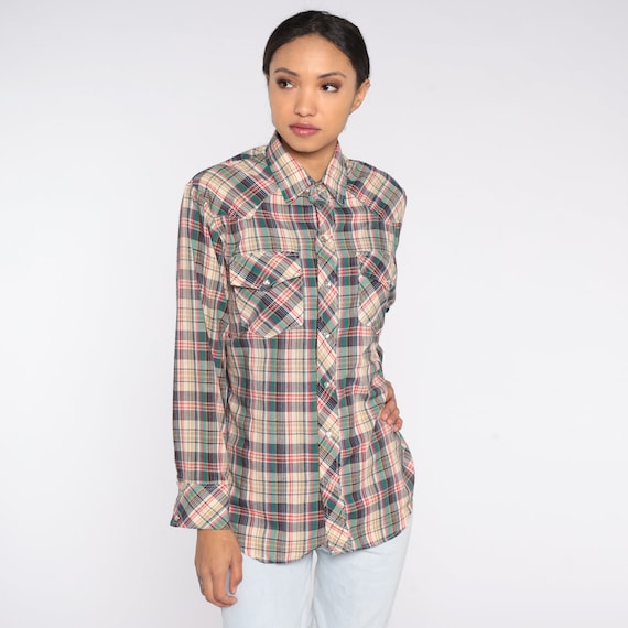 Plaid Western Shirt 80s Pearl Snap Shirt Button Up Rodeo Shirt Checkered Retro Cowboy Long Sleeve Collared Vintage 1980s Mad Man Mens Medium