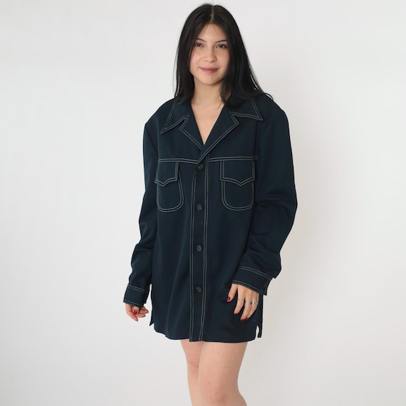 70s Navy Blue Shirt Jacket Vintage Button Up Topstitch Overshirt Notched Collar Long Sleeve Shacket Retro Plain 1970s Men's 42 L Large