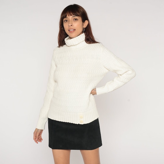 White Turtleneck Sweater 90s Textured Knit Pullover Sweater Chunky Knit Jumper Retro Cozy Turtle Neck Jumper Simple Vintage 1990s Medium M