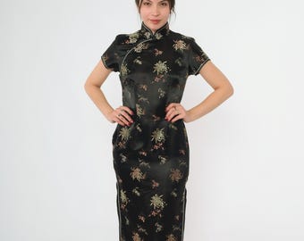 Vintage Silk Cheongsam Dress 90s Asian Style Floral Midi Dress Party Mandarin Collar Side Slit Sheath Short Sleeve 1990s Extra Small xs