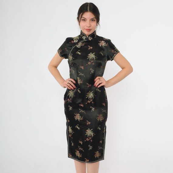 Vintage Silk Cheongsam Dress 90s Asian Style Floral Midi Dress Party Mandarin Collar Side Slit Sheath Short Sleeve 1990s Extra Small xs