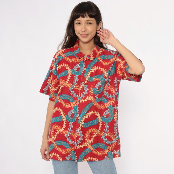 90s Hawaiian Shirt Red Floral Lei Print Short Sleeve Cotton Camp Collar Aloha Summer Vacation Vintage Mens Blue Yellow Gold Extra Large XL
