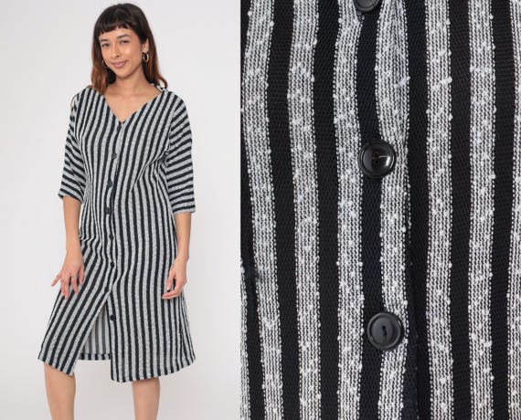Striped Sheath Dress 90s Black White Knit Button Up Midi Dress 3/4 Dolman Sleeve Shirtdress V Neck Preppy Vintage 1990s Medium M