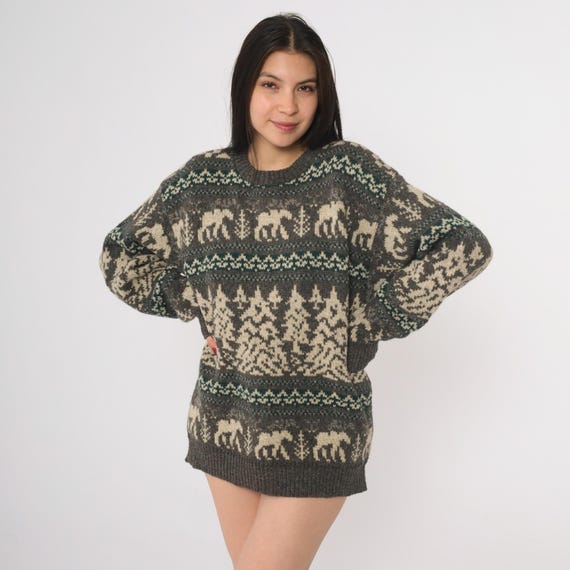Nordic Reindeer Sweater 90s Eddie Bauer Fair Isle Gray Cream Wool Winter Holiday Christmas Cabin Lodge Forest Woodland Chunky Medium M