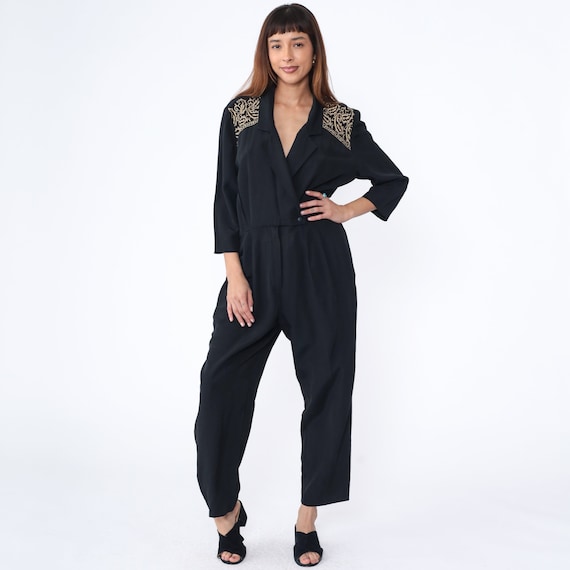 90s Black Jumpsuit Gold Embroidered V Neck Wrap Jumpsuit 3/4 Sleeve Pocket Playsuit Straight Leg High Waisted Pants 1990s Vintage Large 14