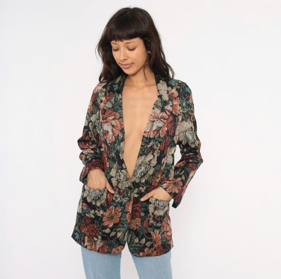 Floral Tapestry Style Blazer 90s Black Rose Print Jacket Woven Botanical Garden Patterned Coat Dark Cottagecore Burgundy Teal Medium M