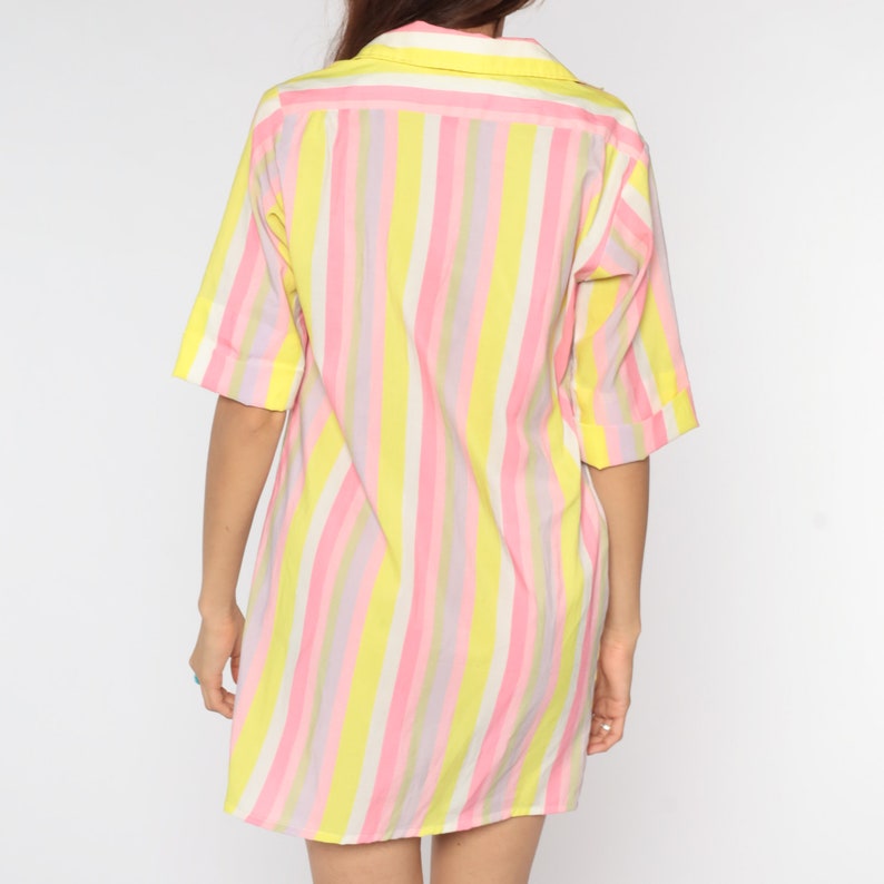 60s Shirt Dress Striped Day Dress Pink Shift Mini Dress Button Up Pastel Yellow Vintage Short Sleeve Shirtdress Button Up 1960s Medium image 7