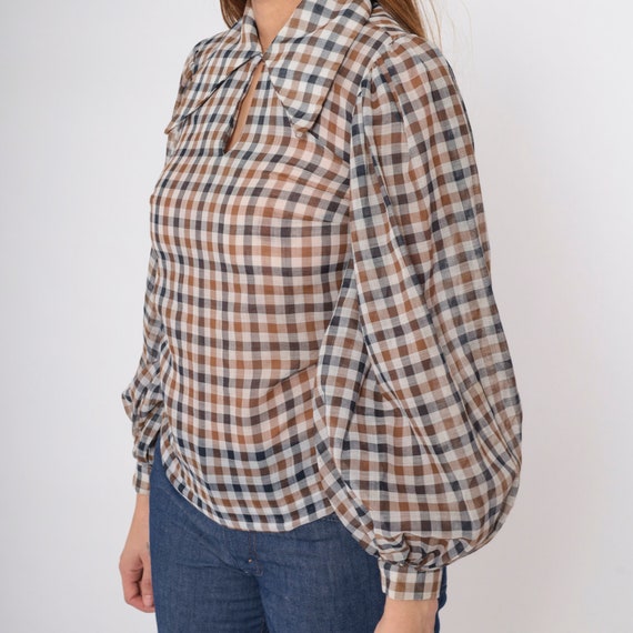 70s Gingham Balloon Sleeve Blouse 1970s Sheer Buf… - image 7