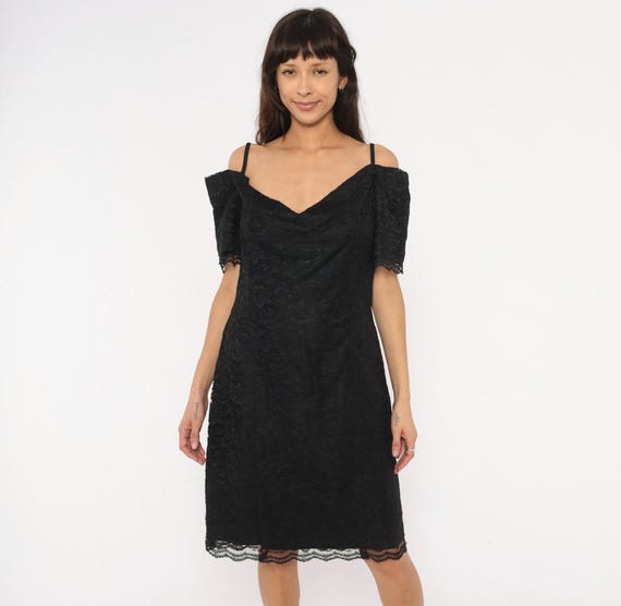 90s Black Lace Cold Shoulder Dress Spaghetti Strap Off The Shoulder Cocktail Party Knee Length Scalloped Hem Flutter Sleeve V Neck Large L