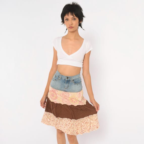 Y2K Denim Tiered Skirt Blue Jean Brown Floral Paisley Patchwork Cotton Knee Length Ruffle Hem Peasant Hippie Bohemian Vintage Extra Small XS