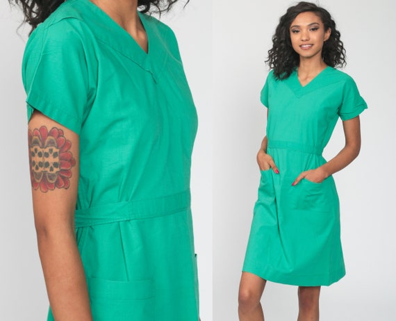 70s Midi Dress Plain Green Cap Sleeve Dress 1970s High Waist V Neck Secretary Retro Vintage 80s Day Dress Pocket Dress Small s