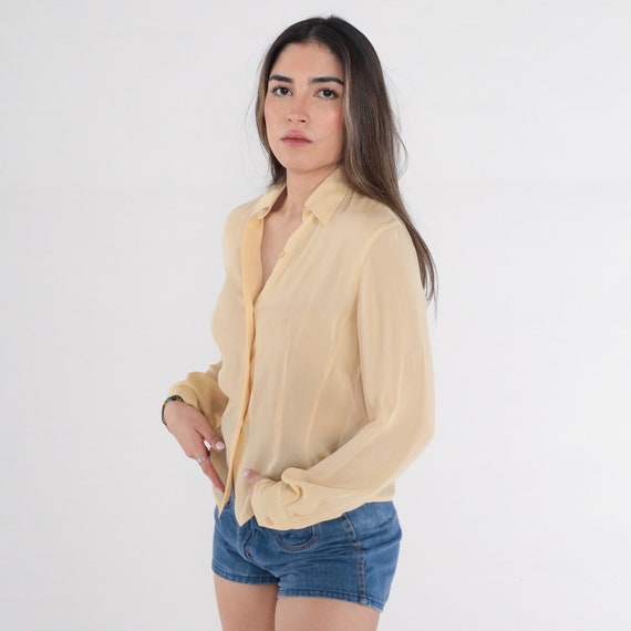 Pale Yellow Blouse Y2k Semi-Sheer Button Up Shirt Plain Simple Long Balloon Sleeve Collared Top Minimalist Preppy Basic Vintage 00s Medium M