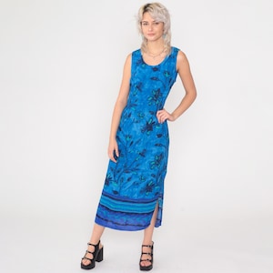 Vintage 90s Blue Floral Dress Sundress Sleeveless Ankle Length Maxi Scoop Neck Bohemian Tank Strap Side Slit Summer Retro 1990s Small Medium