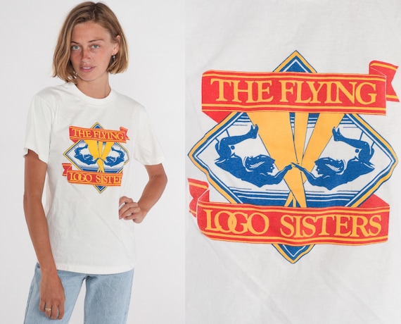 The Flying Logo Sisters Shirt 90s T-Shirt Circus Acrobats Graphic Tee Single Stitch Gymnast Tumbler TShirt White Vintage 1990s Small Medium